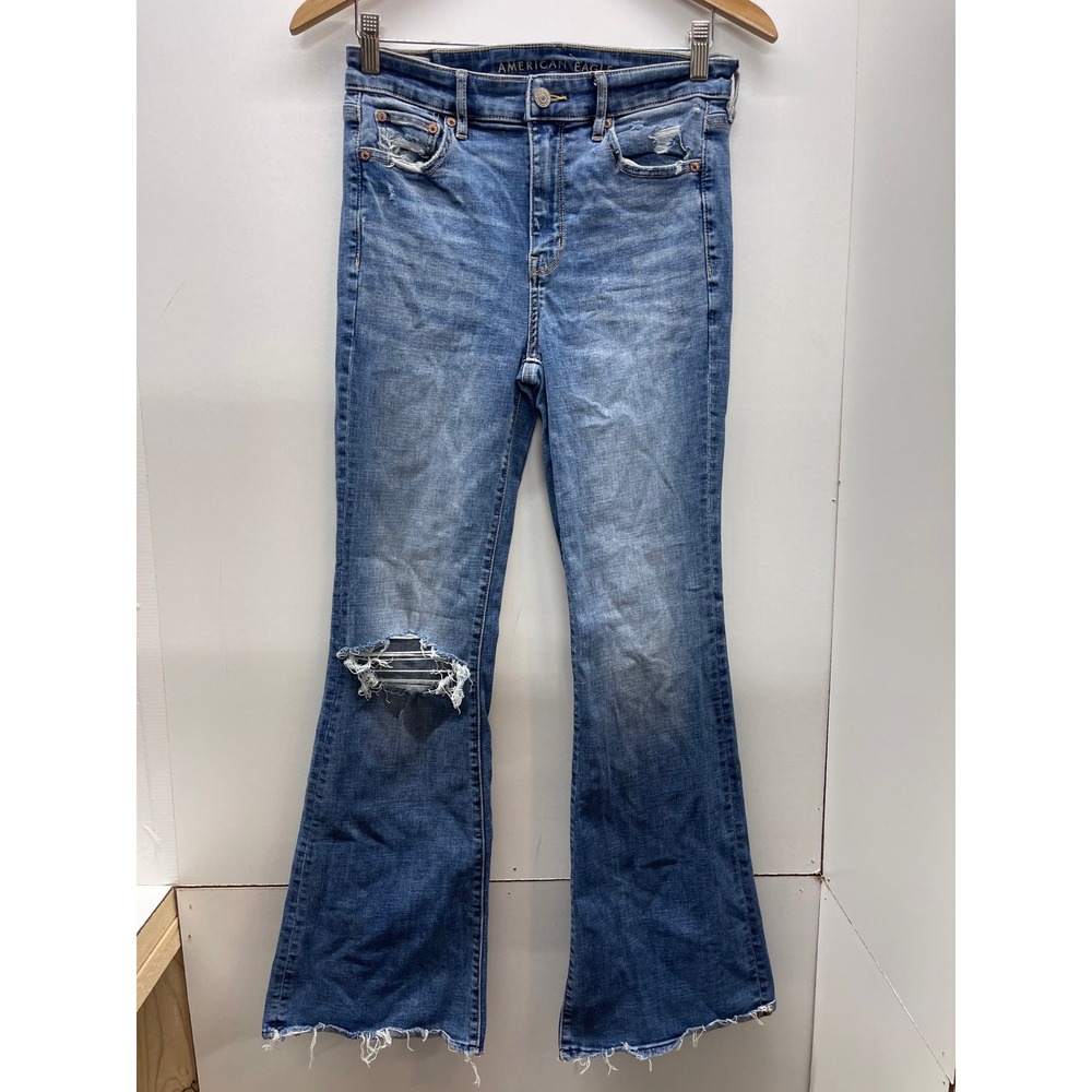 American Eagle Super Hi-Rise Flare Jeans Distressed Raw Hem Blue Size 4 Regular